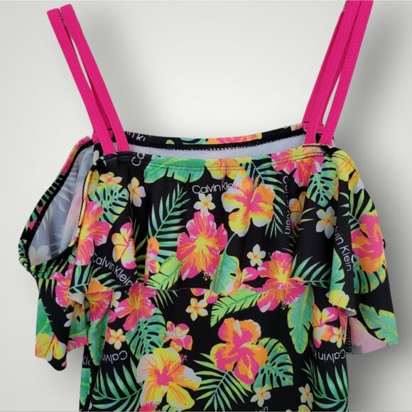 Calvin Klein Girls Swimsuit Large L One Piece Floral Black Pink Green Resort - Picture 7 of 9